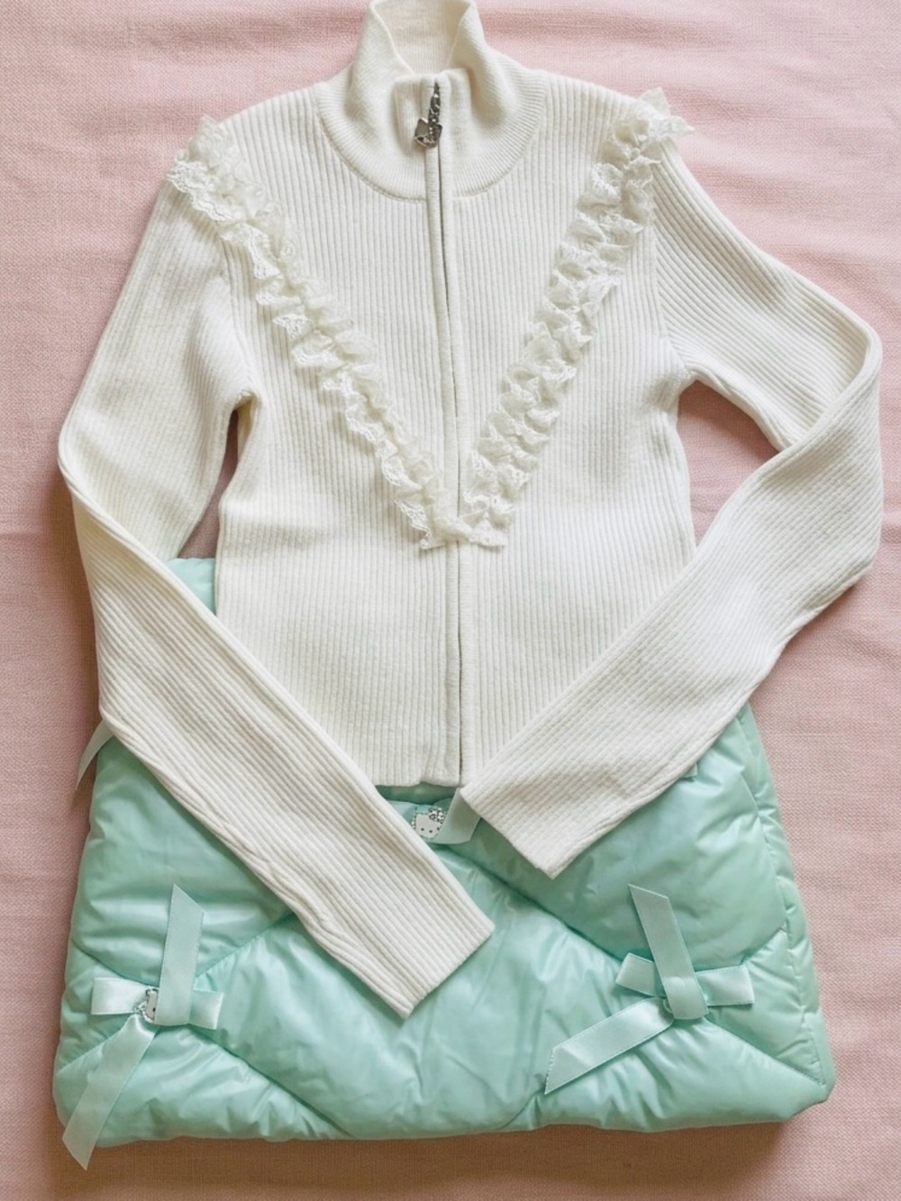 Forever 21 HELLO KITTY White Ribbed Zip-Up Turtleneck Sweater with Lace Trim